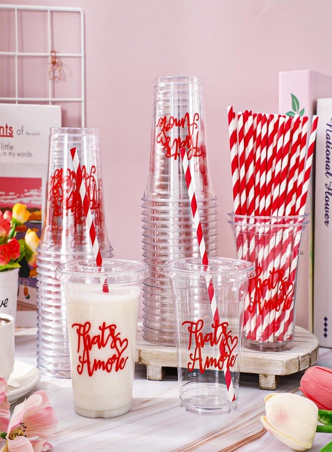 JarThenaAMCS 50Pcs That's Amore Romantic Disposable Cups with Lids Straws Drinking Cup 12oz Red Wedding Plastic Cups for Bachelorette Bridal Shower Party Supplies - Image 4